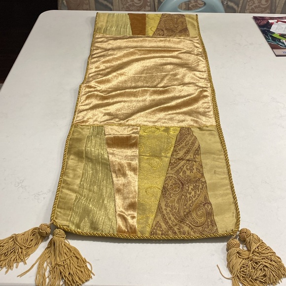 Table runner w/ blocks of gold, paisley & velvet, bound with gold metallic braid - Picture 8 of 11